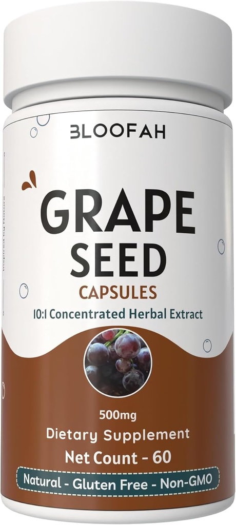 グレープシードカプセル500mg | 10:1 濃縮エキス | 天然ハーブサプリメント | ノンGMO、グルテンフリー | グレープシードパウダー(60個入り)