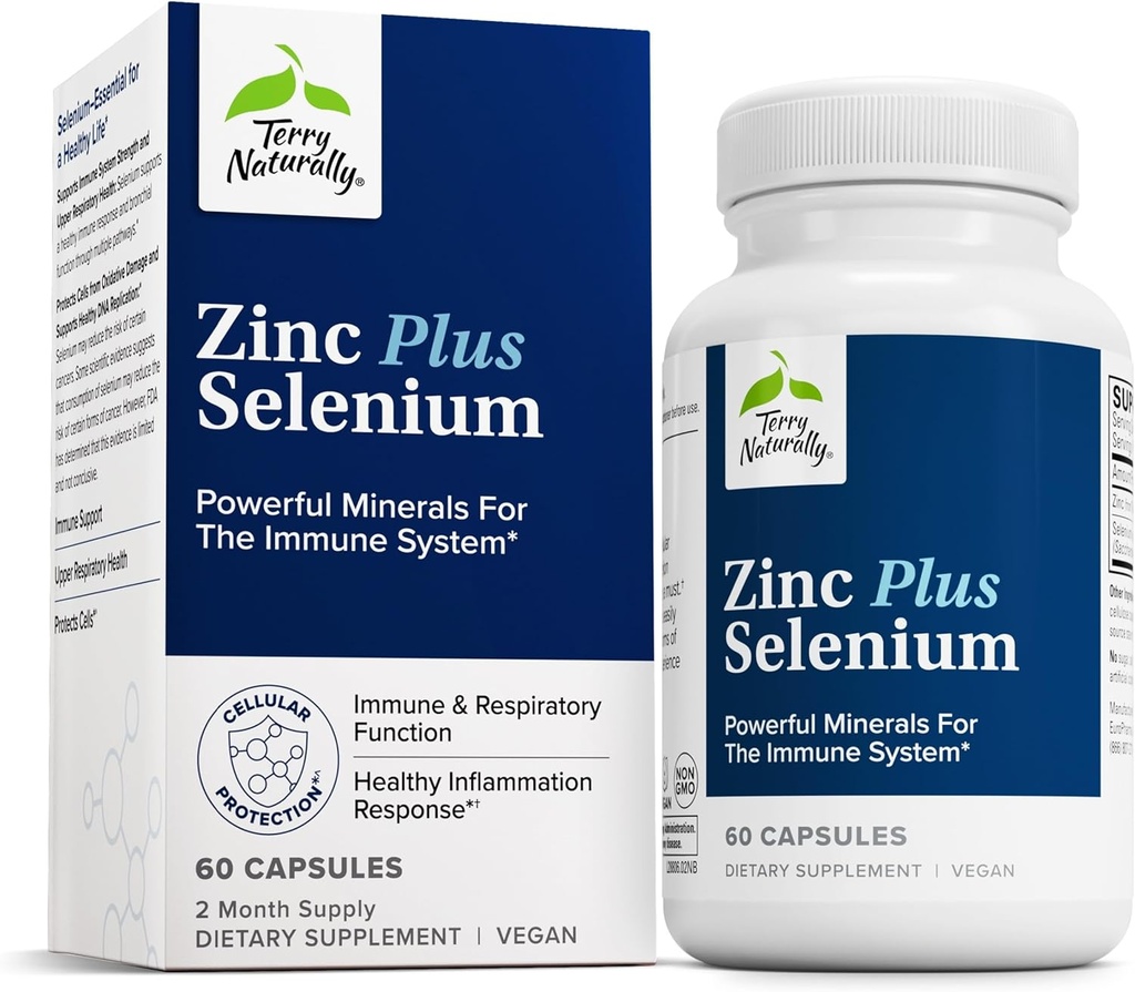 Terry Naturally Zinc Plus Selenium - Immune & Respiratory Health Supplement - Mineral Supplement with Zinc Bisglycinate Chelate - Formula with Selenium for Cellular Health Support - 60 Capsules