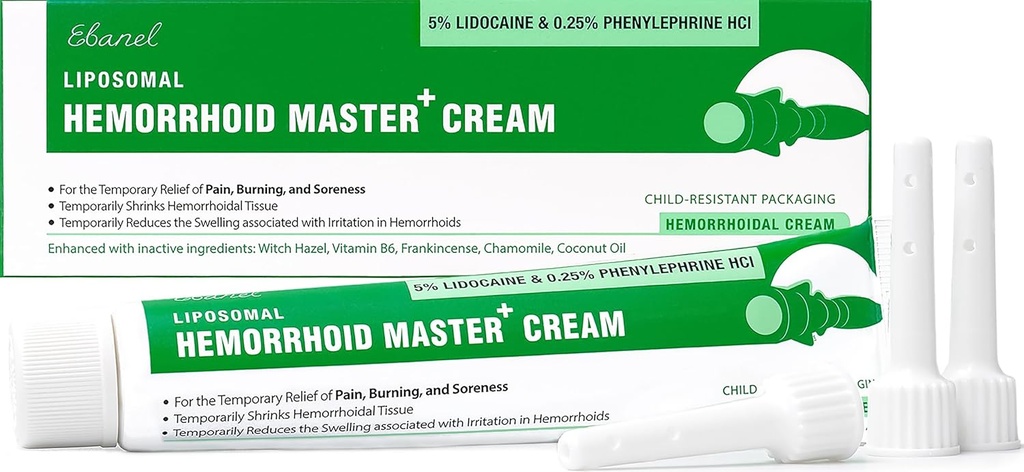 Ebanel 5% Lidocaine Hemorrhoid Treatment Cream with Witch Hazel, Phenylephrine, Horse Chestnut, Vitamin B6, Zinc Oxide, External and Internal Hemorrhoids Treatment Burn Itch Pain Relief Anal Cream