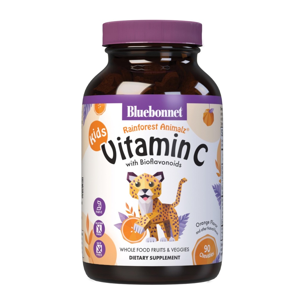 Bluebonnet栄養レインフォレストアニマルビタミンC動物形咀嚼錠、ビタミンC250mg、大豆フリー、グルテンフリー、コーシャ認定、乳製品フリー、ビーガン、90錠、45サービング、オレンジ味