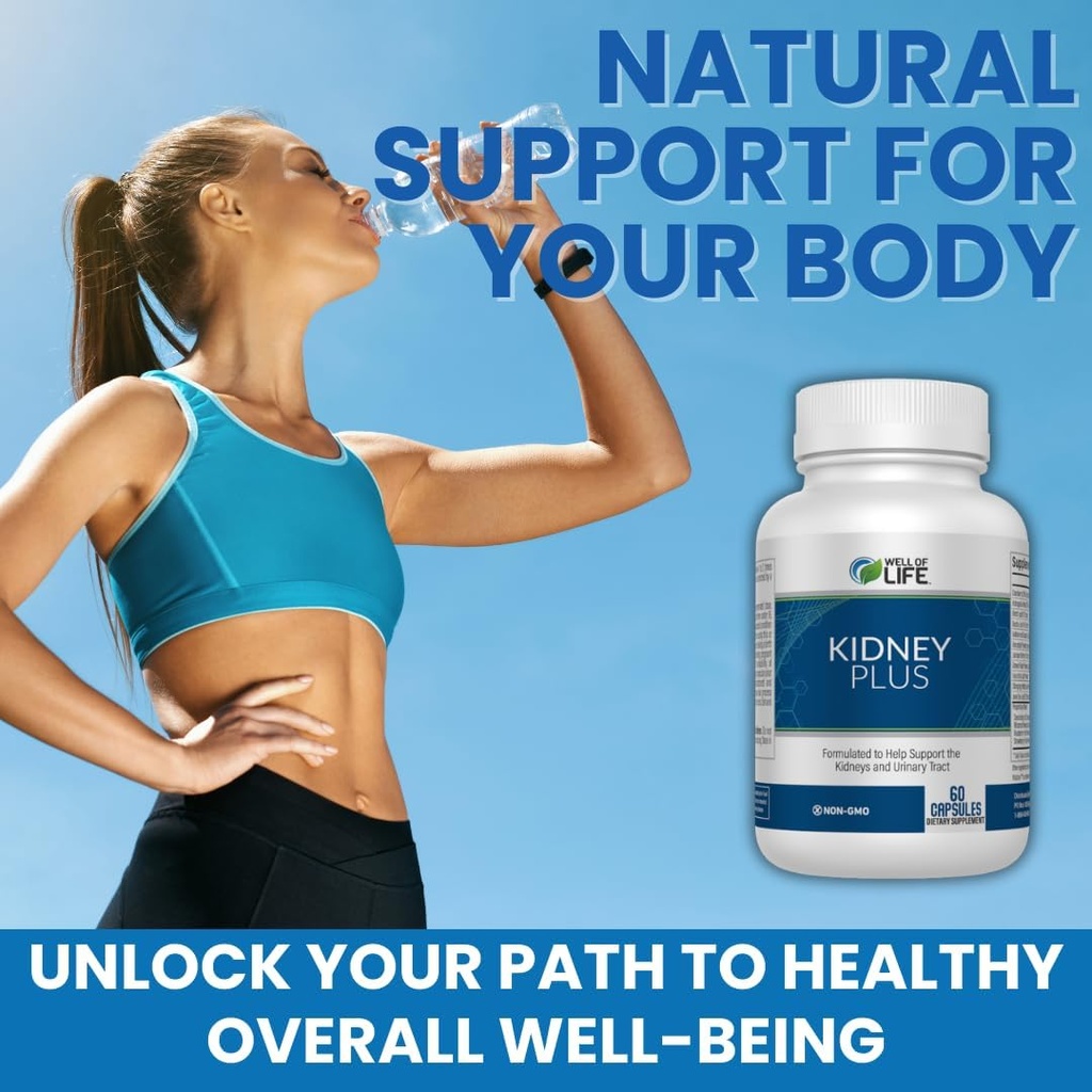 Well of Life: Kidney Plus 600mg with Cranberry Extract, Astragalus Root, Java Tea-Leaf & antioxidants for Overall Well-Being, Helps Healthy Kidney Function & Urinary Tract Wellness, 60 Capsules