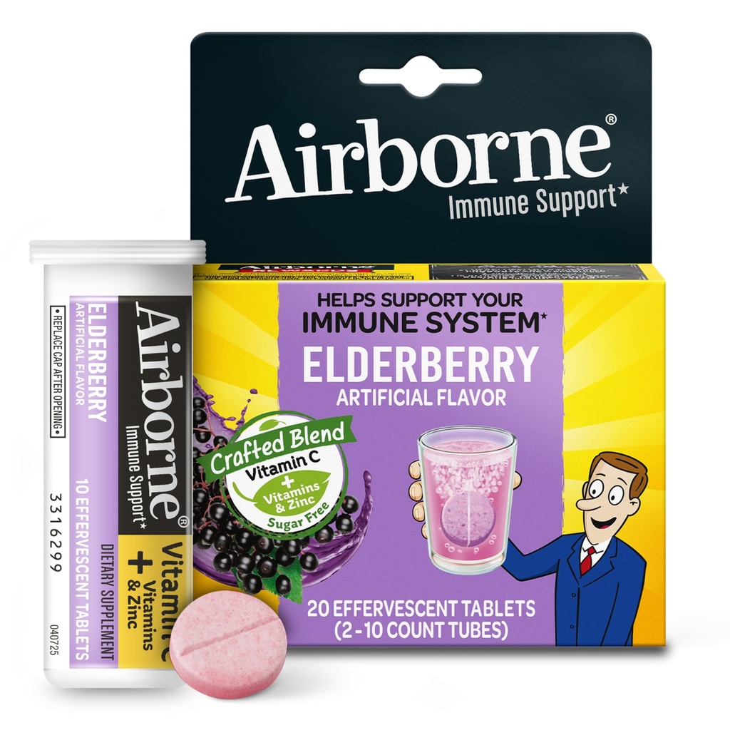AirborneのElderberryのエキス+ビタミンC 1000mg (サービングごとの) - Effervescentのタブレット(箱の20の計算)、ビタミンA C E、亜鉛、Seleniumの砂糖が付いているグルテンフリーの免疫サポート補足、