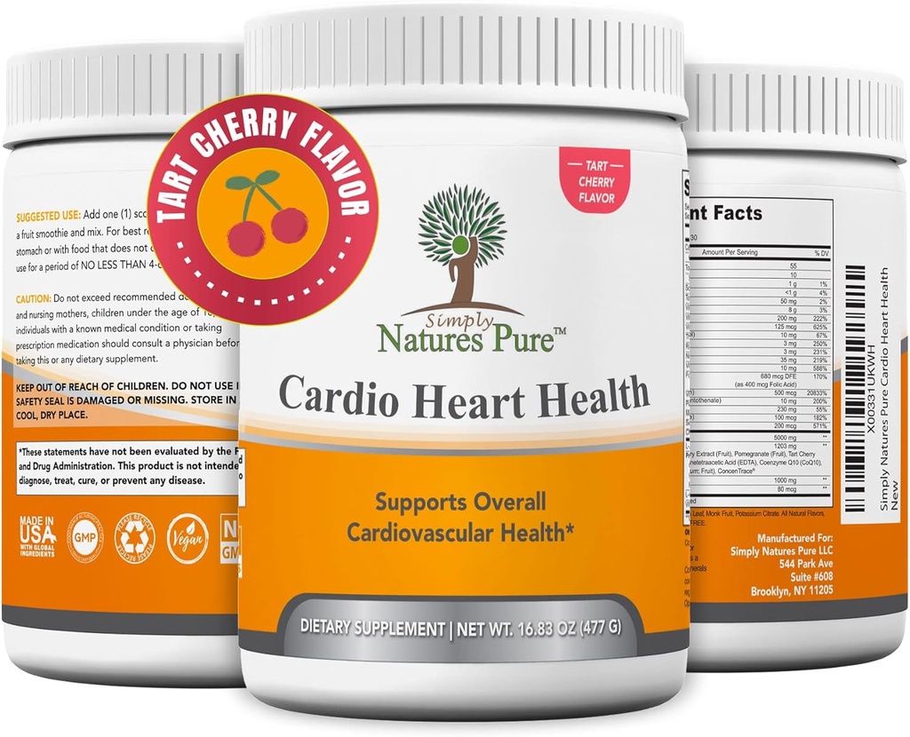 Simply Natures Pure - Cardio Heart Health Nitric Oxide Booster Support Supplement Powder with L-Arginine 5000 mg, L-Citrulline 1000 mg and Hawthorne Berry, 16.82 Ounces - Tart Cherry Flavor