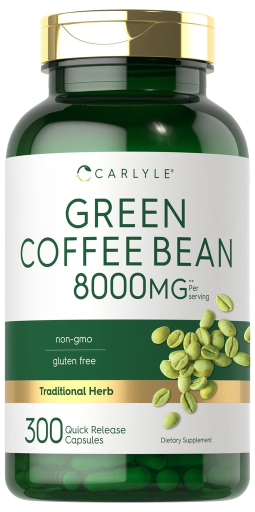カルライルグリーンコーヒー豆エキス | 8000mg | 300カプセル | ノンGMO・グルテンフリーフォーミュラ | 伝統的なハーブサプリメント