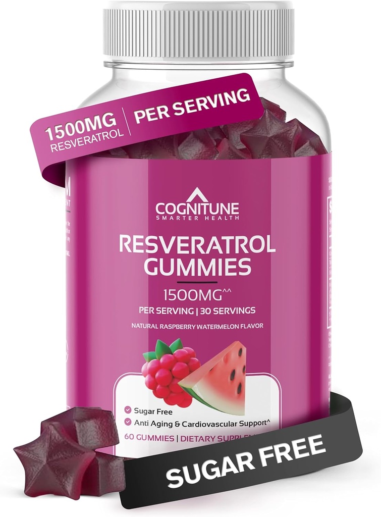 CogniTune Resveratrol Gummies – Sugar Free 1500mg Antioxidant Supplement for Heart, Brain & Immune Support – Powerful Anti-Aging Trans Resveratrol Chews for Longevity & Wellness