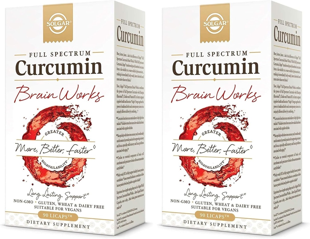 Solgar Full Spectrum Curcumin Brain Works, 90 Licaps - Support Memory Recall, Focus, Cognitive Function - Antioxidant Support - Curcumin, BacoMind, Choline, Vitamin B12 - Non-GMO, Vegan - (Pack of 2)