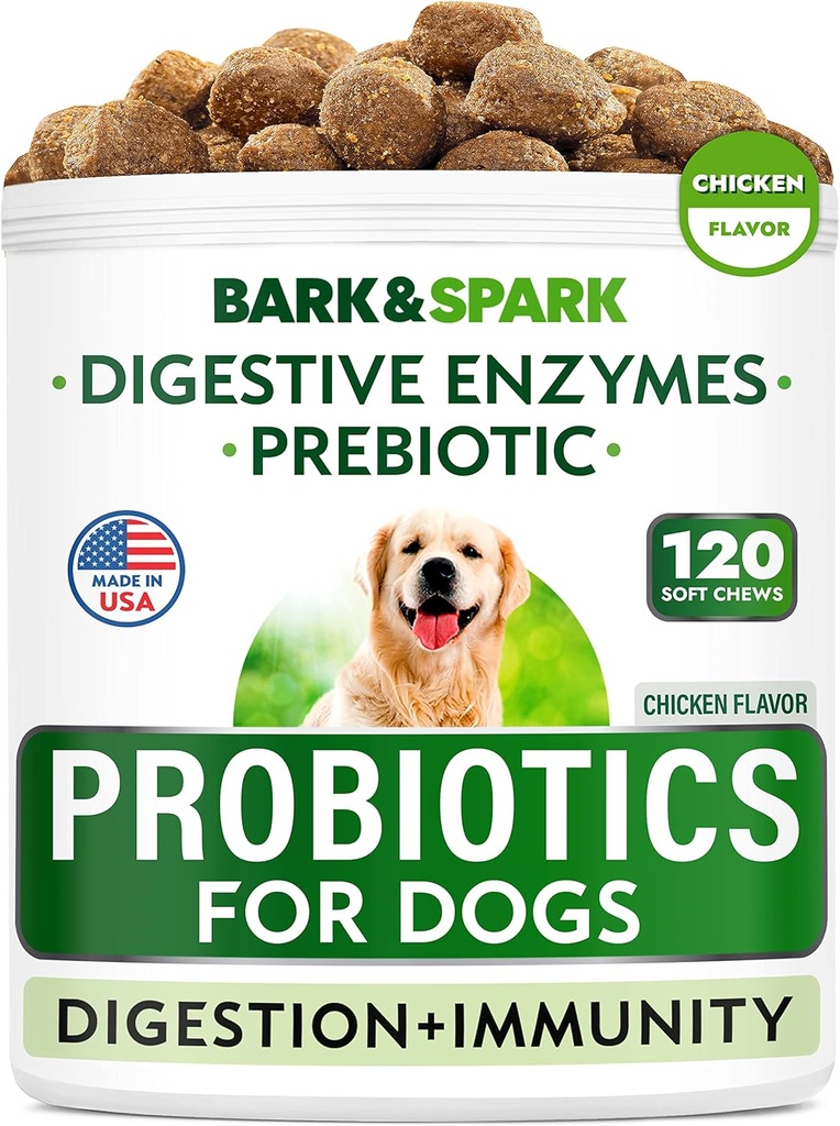Dog Probiotic Chews - Gas, Diarrhea, Allergies - Enzymes + Prebiotics - Chewable Fiber - Digestion, Immunity - USA Made