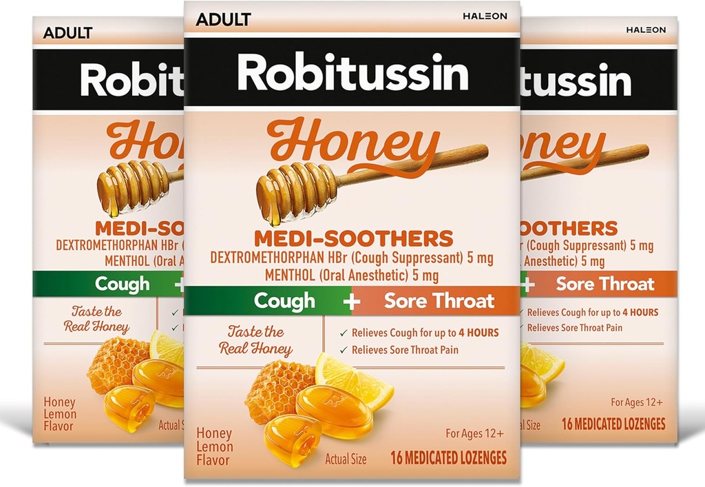 Robitussin Medi-Soothers 蜂蜜 レモン 喉 Lozenges, Long-Lasting 咳 + Sore Throat 痛みの軽減 - 48 カウント (3 x 16ct パック)