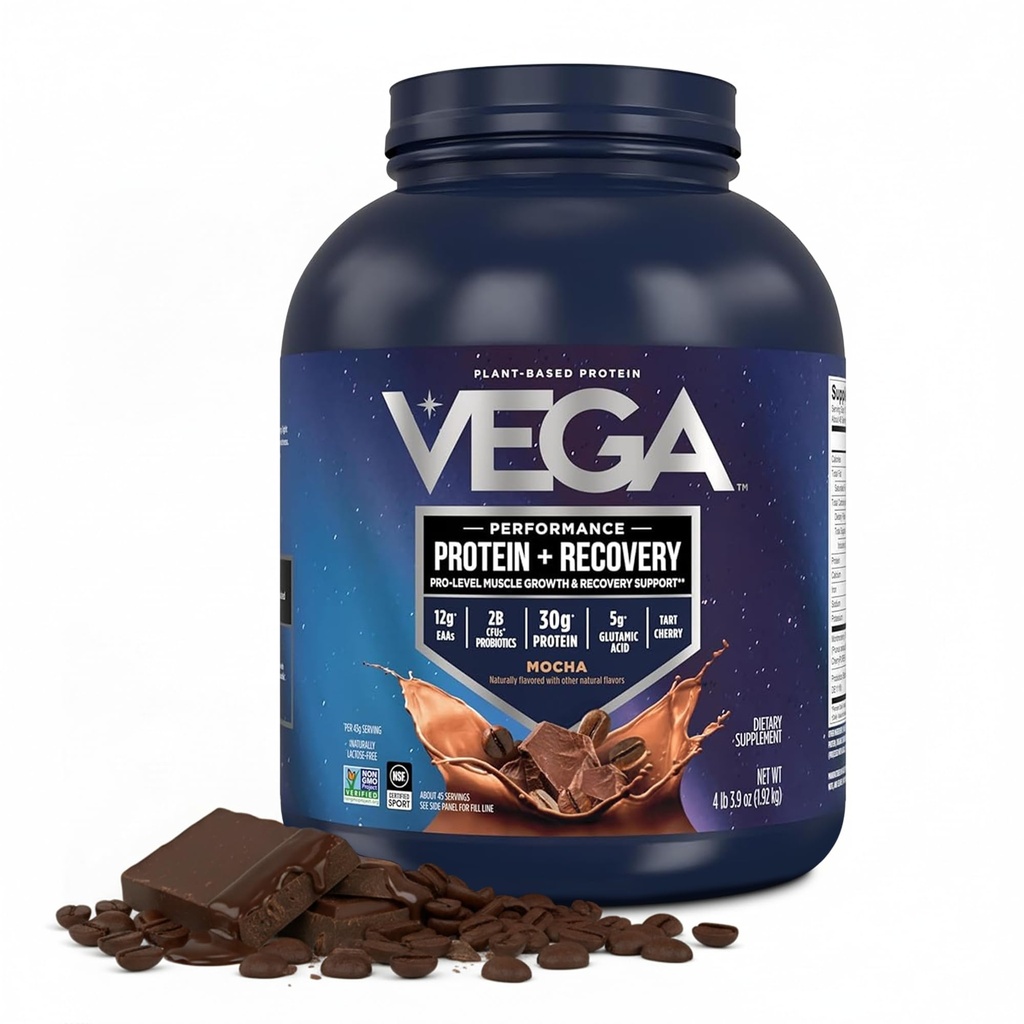 Vegaスポーツビーガンプロテインパウダー+回復 - 30g植物は、サービングあたりタンパク質を基づかせていました, モカ, 45 サービング, 5g BCAAs, プロバイオティクス, NSF認定, シェイクス&スムージー用, 4.2lbs (パッケージ 5 月 Vary)