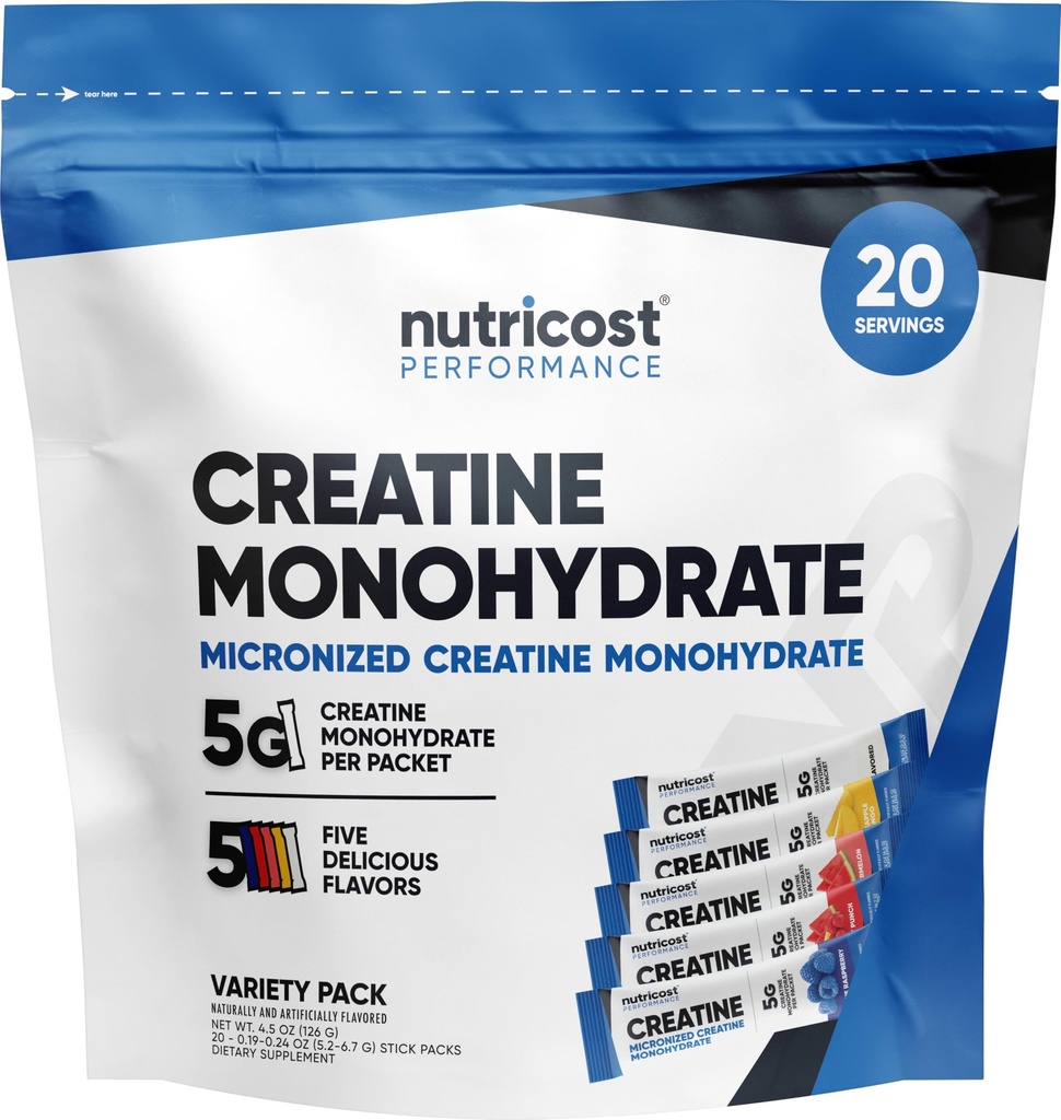 ナトリコストクレアチンモノハイドパウダーバラエティスティックパック(5味、20食) - Micronized、パックごとのクレアチンモノハイドの5グラム