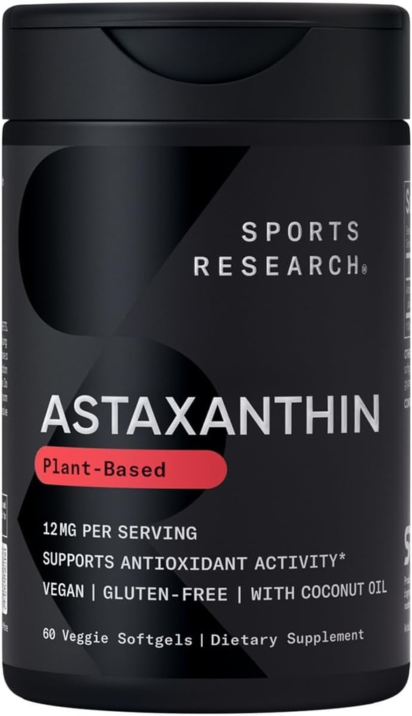 Sports Research Triple Strength Vegan Astaxanthin Supplement from Algae - Plant Based Softgels for Antioxidant Activity, Skin & Eye Health - Non-GMO Verified, Made with Coconut Oil - 12mg, 60 Count
