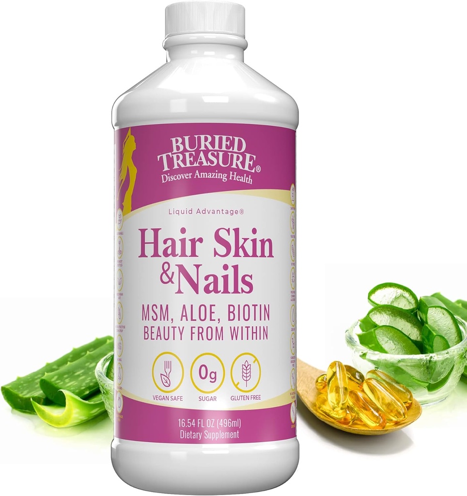 Buried Treasure Hair, Skin and Nails with MSM Biotin Aloe Vera plus Vitamins and Minerals in a High Potency Liquid Whole Food Complex for Fuller Hair, Stronger Nails and Clearer Skin 16 oz