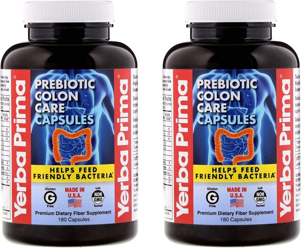 Yerba Primaのプレバイオティクスのコロンの心配のカプセル- 180の計算(2のパック、グルテンフリーのGlutenは、米国、非GMO、Soluble及び不溶解性繊維で、健康な機能のコロンを支えます