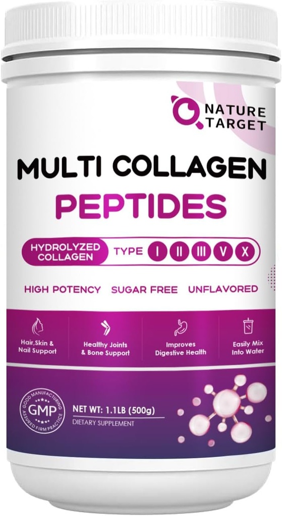 NATURE TARGET Multi Collagen Peptides Powder - Type I, II, III, V, X - Hydrolyzed Collagen Peptides with Vitamin C Hyaluronic Acid, Supports Skin Hair Nail & Joint, Grass-Fed, Non-GMO, 50 Servings
