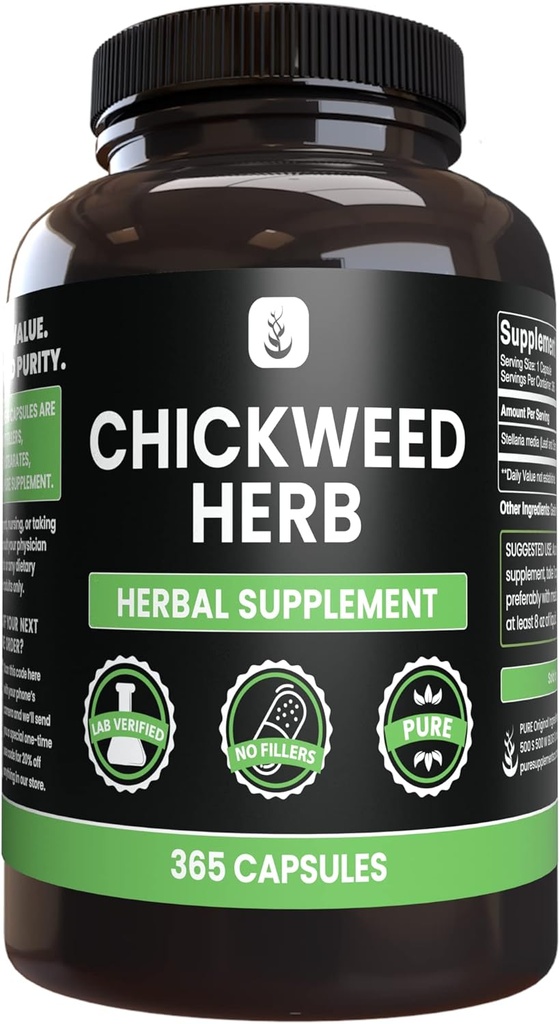 PURE ORIGINAL INGREDIENTS CHICKweedハーブ、(365カプセル)、マグネシウムまたはライスフィラー、常に純粋な、ラボ検証済み