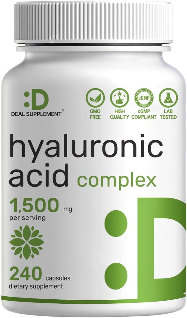 ディールサプリメントHyaluronic酸サプリメント 1,500mg - 240カプセル、MSM&ビタミンC - 純粋な95% | 非GMO +植物ベースのHA - 健康な関節、ボン、コネクティブティッシュ、および皮膚水和をサポート