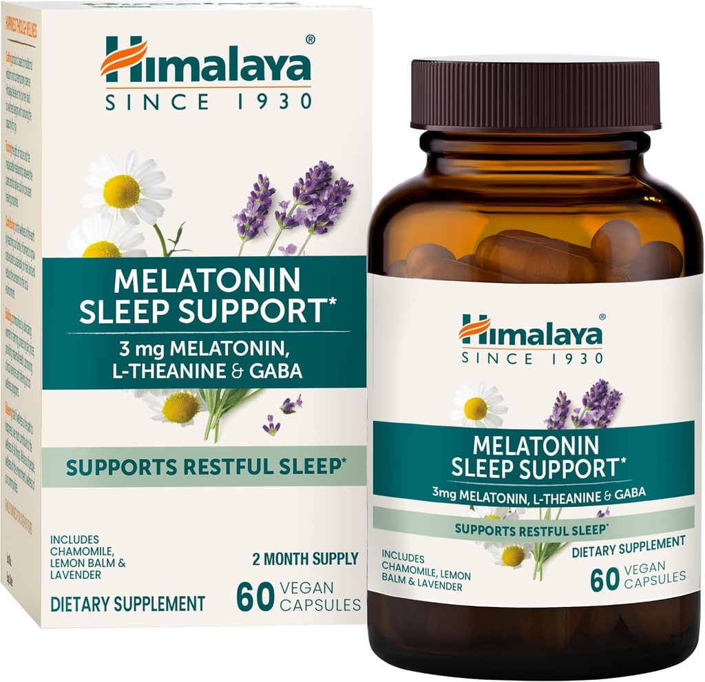 Himalaya Melatonin 睡眠サポートのための GABA、L-Theanine および Melatonin 3mg との睡眠サポートおよび時事な眠り、60 のカプセル、2 か月の供給
