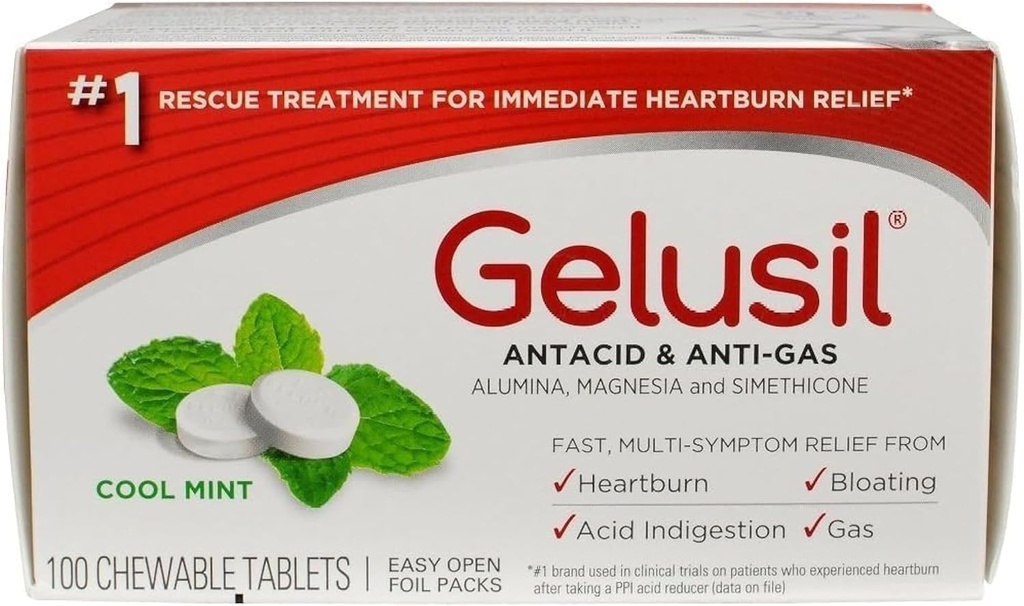 Gelusil Antacid & Anti Gas Tablets for Heartburn Relief, Acid Reflux, Bloating and Gas, Cool Mint - 100ct Blister Pack