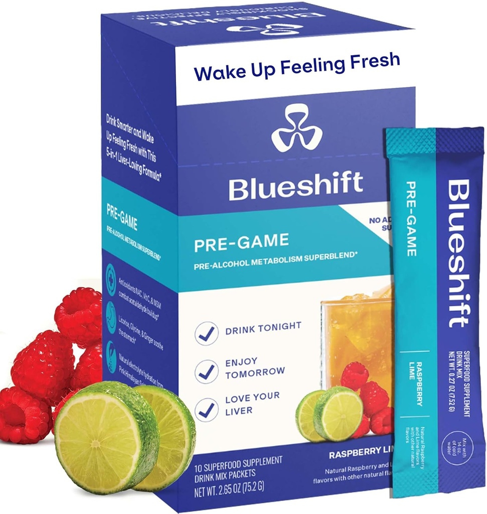 Blueshift Pre-Game - NACサプリメント、電解質パウダーパケット、水分補給パケット、ジンジャー、Cysteine、ミルクアザミ、砂糖パウダースティック(10パック)による肝臓サポート