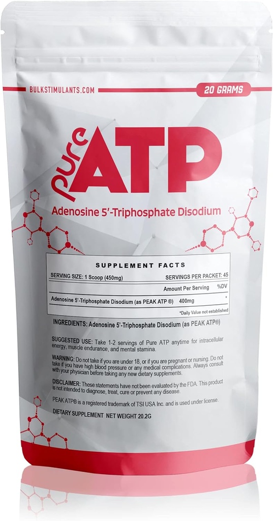 BulkStimulants Pure ATP Adenosine Triphosphate Powder - Increase Energy, Endurance, Strength, Recovery & Muscle Pump, Faster Than Creatine HMB & Nitric Oxide, Natural Pre Workout Supplement - 20 Grams