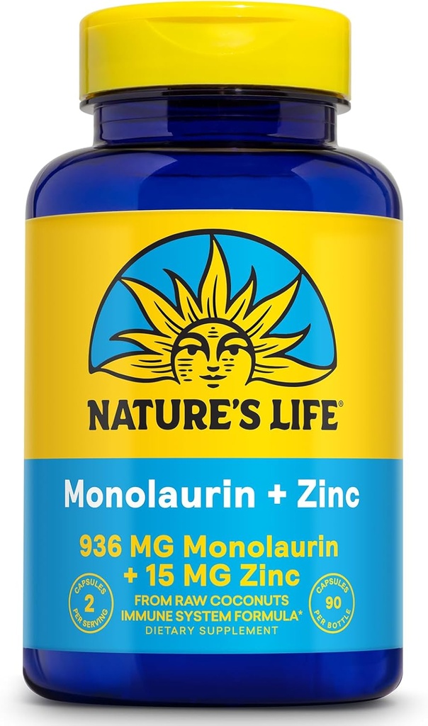 Nature's Life Monolaurin Plus 亜鉛免疫サポートサプリメント - 936mg Monolaurin 生ココナッツ、亜鉛15mg、Gut Health、バランスの取れたガットフローラ、60日保証、45 Serv、90 ベジタリアンカプセルをサポート