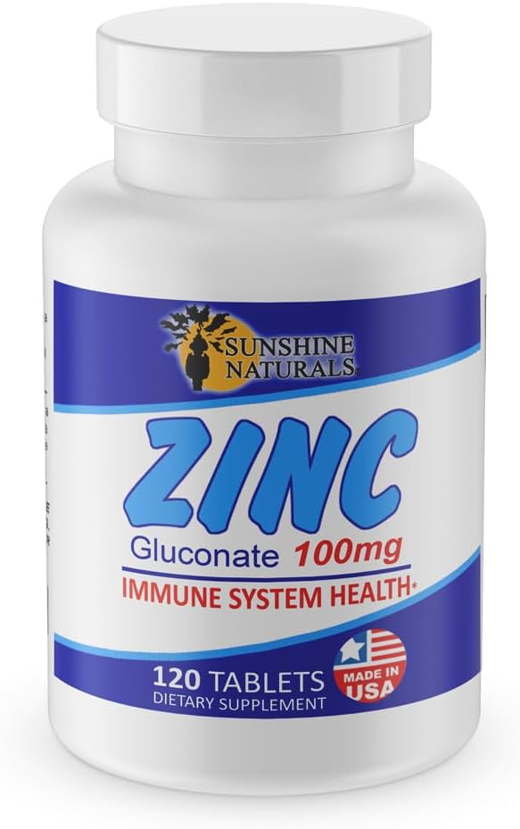 Sunshine Naturals Zinc Gluconate Mineral Supplement – Supports Immune System, Promotes Wound Healing, Improves Skin Health, Provides Antioxidant Defense – 100mg, 120 Tablets, High Potency