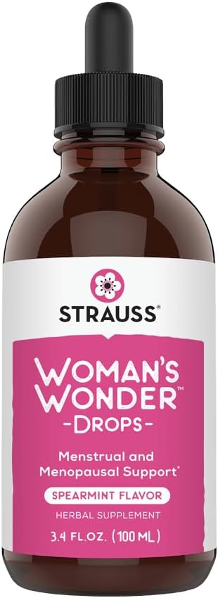 Straussは女性のワンダードロップを心がけています。Spearmint Flavour、ナチュラルフォーミュラ、グルテンフリー、大豆フリー、非GMO、3.4ozのメンストラル&メンポサールサポートサプリメント ボトル