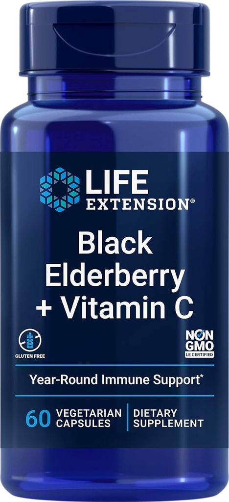 ライフエクステンションブラックエルダーベリー+ビタミンC、エルダーベリー&ビタミンC、グルテンフリー、非GMO、ベジタリアン、60カプセルからの毎日の免疫サポート