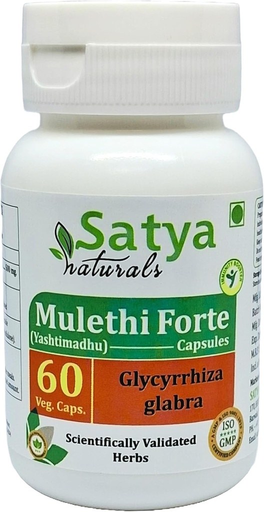 Mulethi Forte カプセル 500 mg. 60 Veg. カプセル | Yasthimadhu (Glycyrrhiza Glabra) 男性と女性のための抽出カプセル | アーユルヴェーダハーブサプリメント/救済 | 10:1 フォルテ (1 ボトル 60 カプセル)