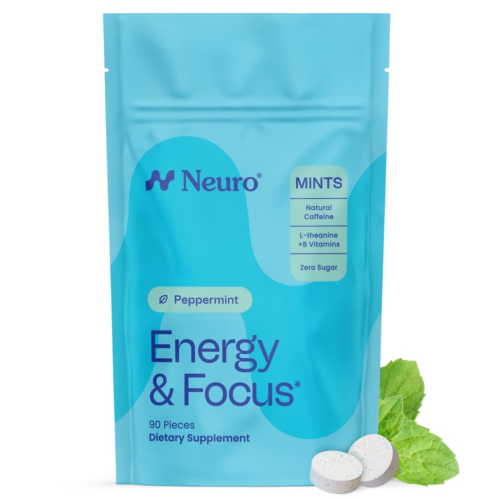NeuroGumエネルギー&フォーカスミント(90カウントバッグ、ペパーミント) | 40mgナチュラルカフェイン + L-テアニン + ビタミンB12&B6 | 砂糖無料向知性脳性能サプリメント