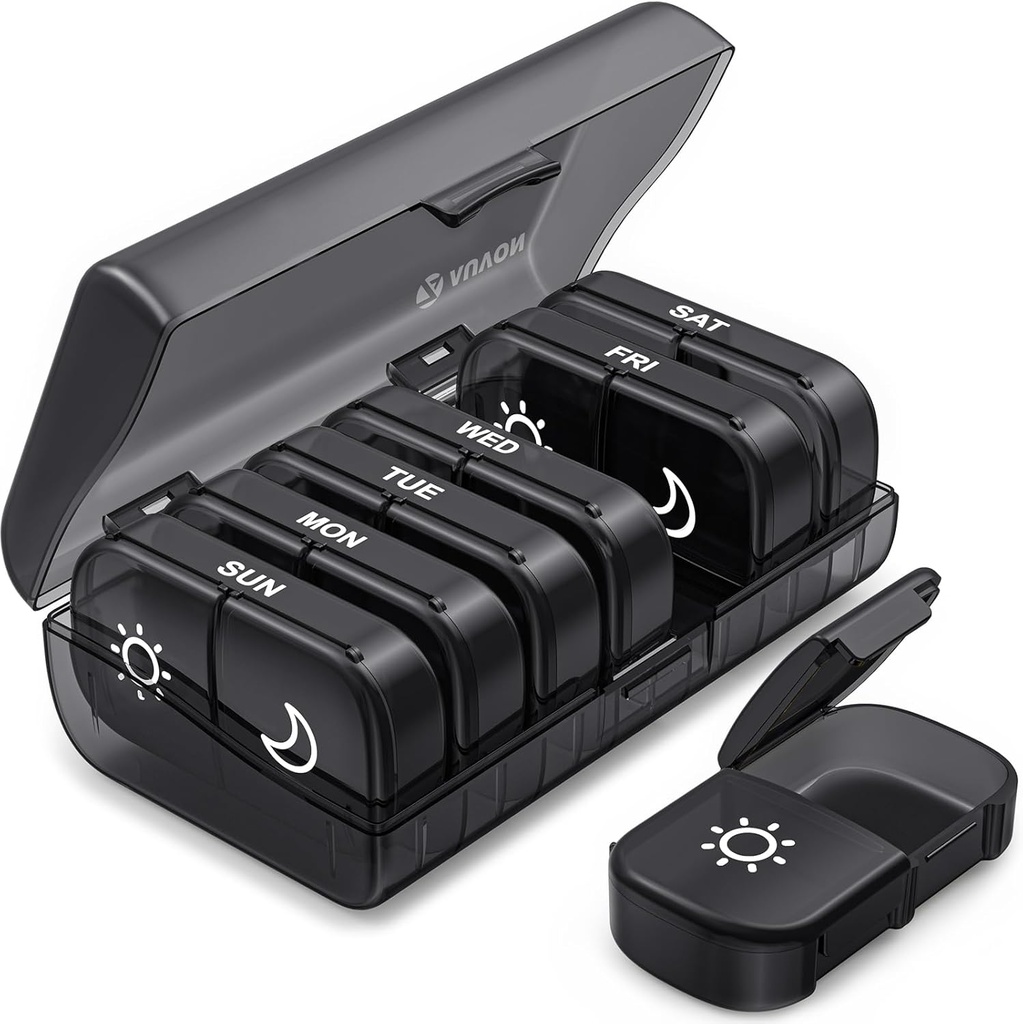 AUVON XLウィークリーピルオーガナイザー2日、Pill Box 7 Day with One-Side Large Openings for Easy to use、Black Privacy Protection AM PM Pill Case for Medication、ビタミン、魚油、サプリメント