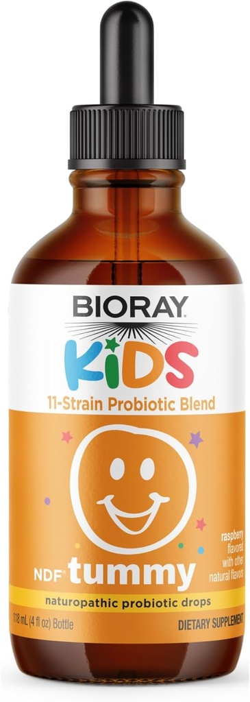 BIORAY Kids NDF Tummy, Raspberry - 4 fl oz (120 mL) - 11-Strain Probiotic Blend - Supports The Immune Response in The GI Tract - Non-GMO, Vegan, Gluten Free - Approx. 120 Servings