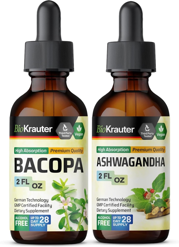 BIO KRAUTER Bacopa Tincture 2 Fl. Oz. & Ashwagandha Tincture 2 Fl. Oz.