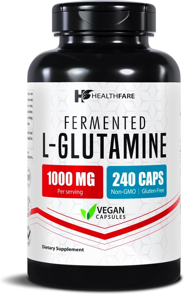 HealthFare Lグルタミン1000mg | 240 ビーガンカプセル | 余分な強さのアミノ酸の補足 | サポート消化バランス、栄養素吸収及び筋肉回復 | 非GMO、グルテンフリー | アメリカ製