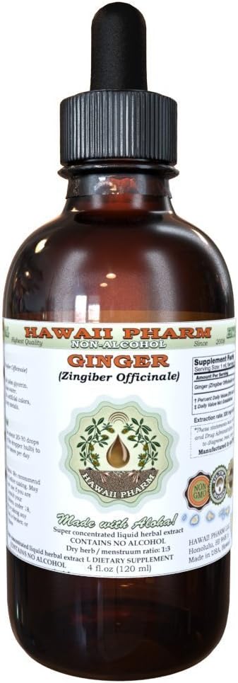 Ginger Alcohol-Free Liquid Extract, Organic Ginger (Zingiber officinale) Dried Root Glycerite Hawaii Pharm Natural Herbal Supplement 2 oz