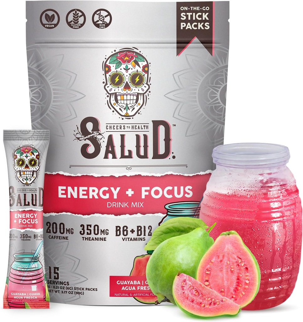 Salud 2-in-1 Energy Drink Powder + Focus, Guava, Organic Caffeine, B6 + B12, Theanine, Clean Energy Drink Packets, Guayaba Agua Fresca Mix, Non-GMO, Gluten Free, Vegan, 1g of Sugar, (15 Servings)