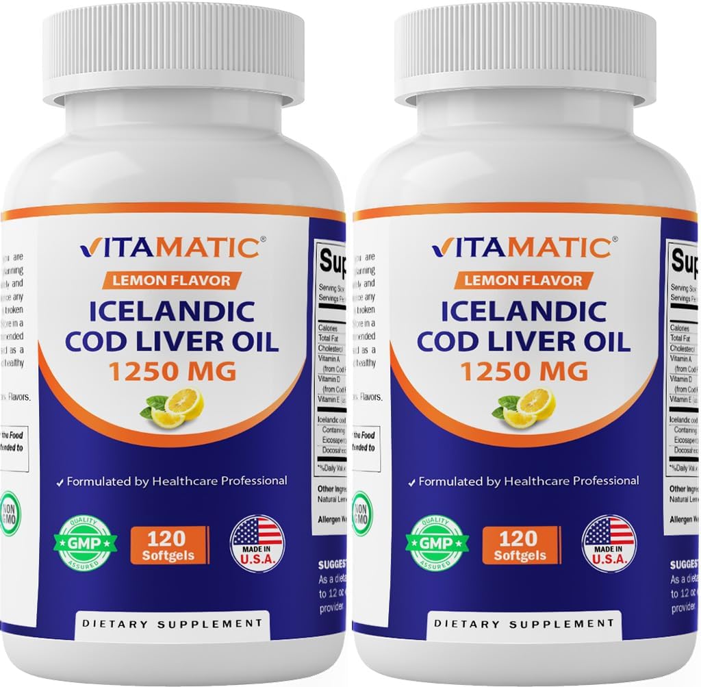 Vitamatic 2パックアイスランドコッド肝油カプセル1250mg 120 Softgels(レモン味) - 心臓血管の健康を促進します