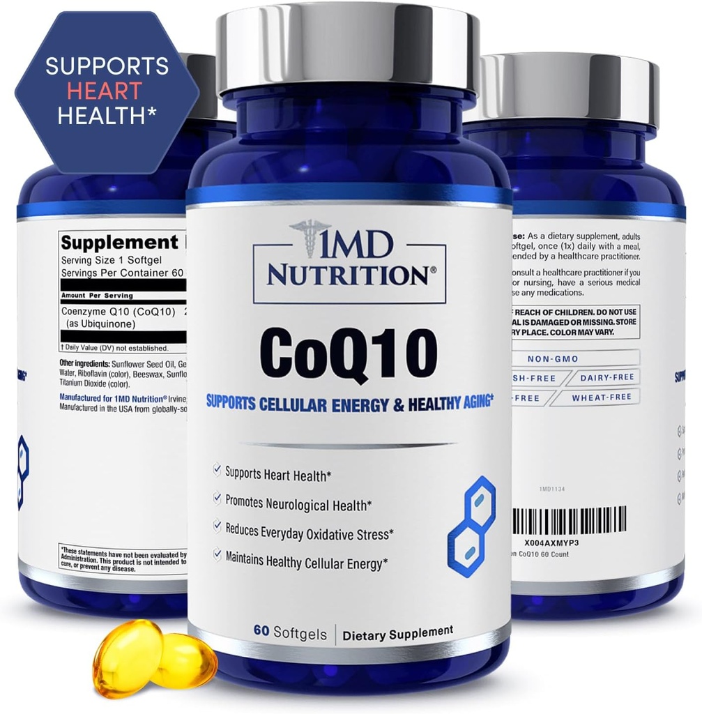 1MD栄養CoQ10 - 心の健康と細胞エネルギーの生産 - 男性と女性のための健康サプリメント - Coenzyme Q10 Softgel - 60日間