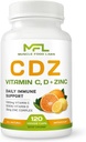 | C D Z | Vitamin C, 1000mg | Vitamin D3, 125mcg | Zinc, 25mg | Non-GMO & Gluten Free | 120 Vegetarian Capsules | 120 Servings