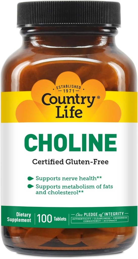Country Life Choline 266mg, Certified Gluten Free, Certified Vegan, Certified Halal - 100 Tablets