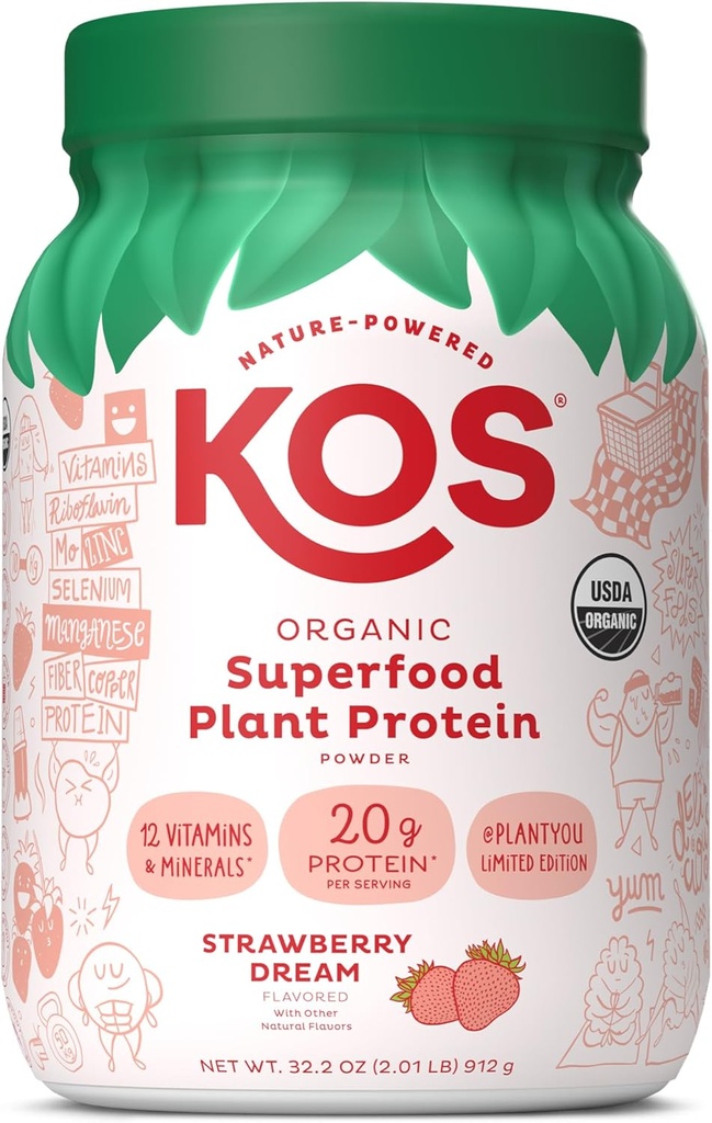 KOSの限定版植物の蛋白質の粉、いちごの夢 - 有機性エンドウ豆の蛋白質のブレンド、ビタミン及び女性及び人のための鉱物の豊富なビーガンのスーパーフード - 酪農場なしで作られる、大豆、グルテンフリー- 24 のサービング