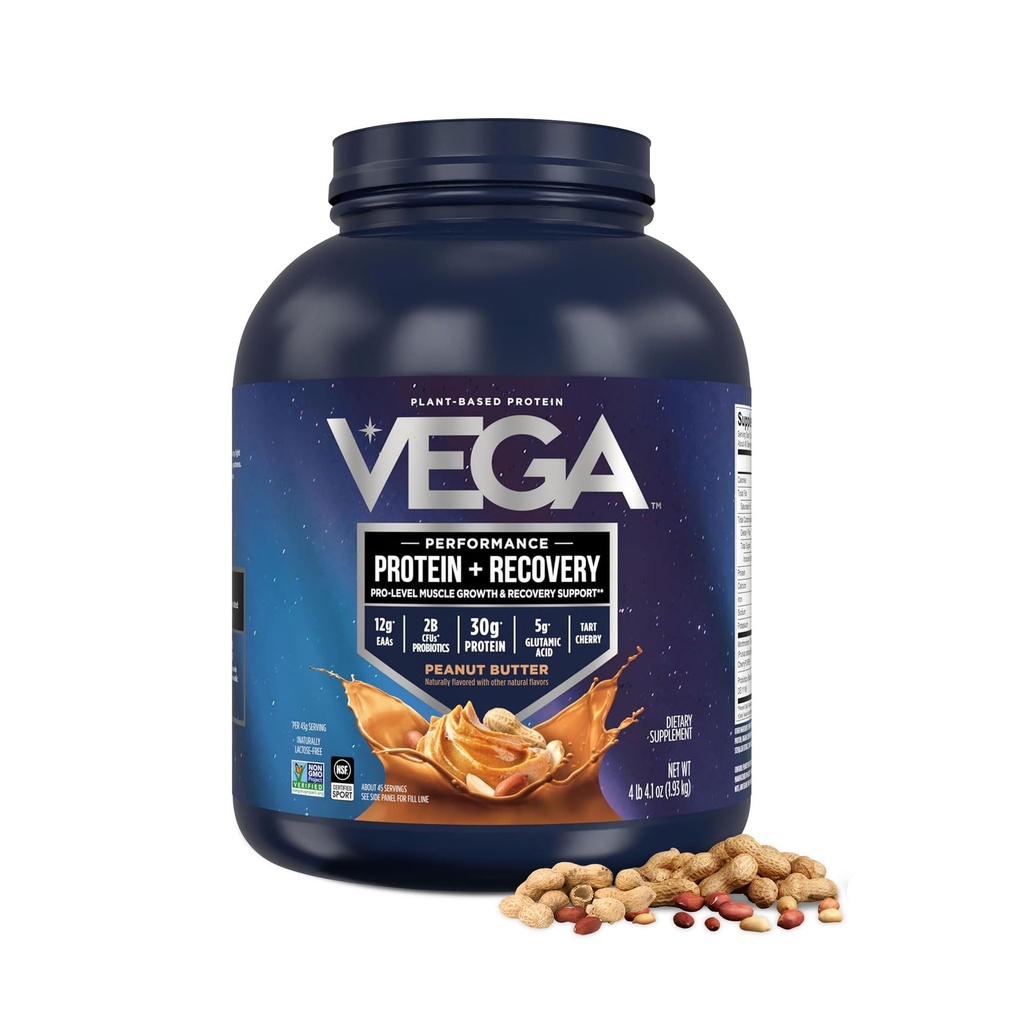 Vegaスポーツビーガンプロテインパウダー+回復 - 30g植物は、サービング、ピーナッツバター、45サービング、BCAA5g、プロバイオティクス、NSF認定、シェイクス&スムージー、4.2lbs(5月パッケージ)
