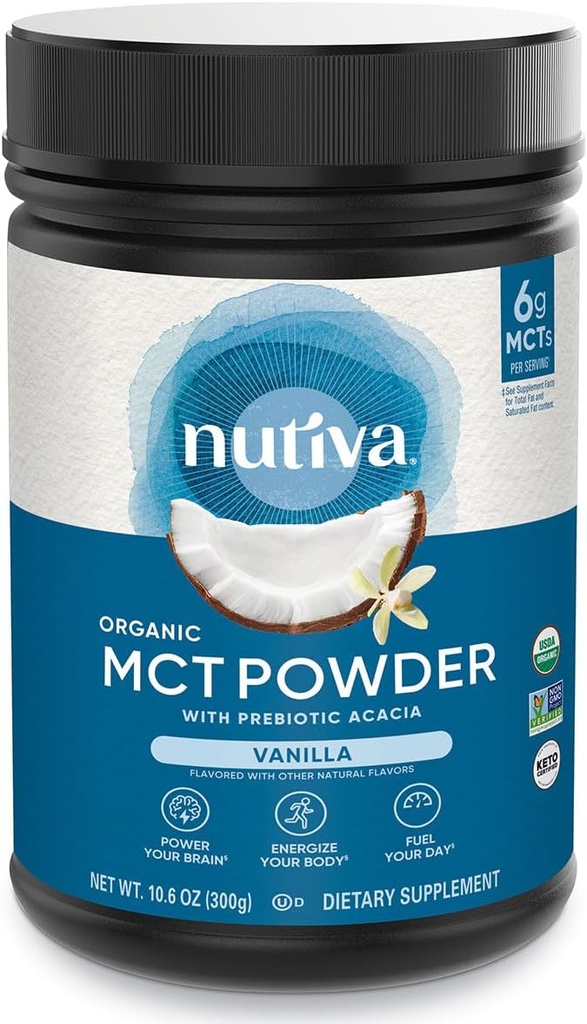 Nutiva オーガニック MCT プレバイオティックアカシア繊維、バニラ、10.6オズ、USDAオーガニック、非GMO、非GMO、非BPA、ビーガン、グルテンフリー、ケト&ペレオ、インスタント飲料、コーヒー&スムージーにブースト