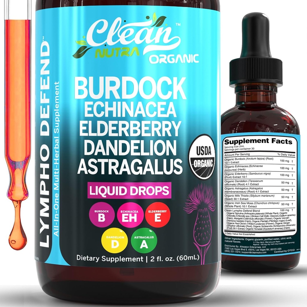 オーガニックリンパドレンゲサプリメント | リンパサポートドロップ | Burdock Root Echinacea Elderberry Dandelion Astragalus Milk Thistle Sea Mos Red Clover Cleanse Marigold Drop by Clean Nutra