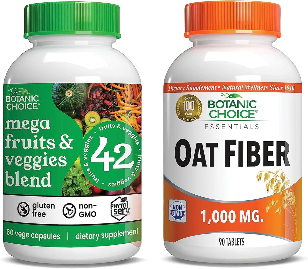 Botanic Choice Mega Fruits and Veggies Blend (60 Capsules) + Oat Fiber (90 Tablets) Bundle - Energy Balance & Superfood Supplement + Digestive Health Support