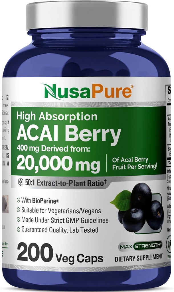 NusaPure Acai Berry 50:1 エキス、400 は 20,000 の mg 200 のベジーキャップに相当します ベジタリアンビーガン、非 GMO のバイオペリンに適しています
