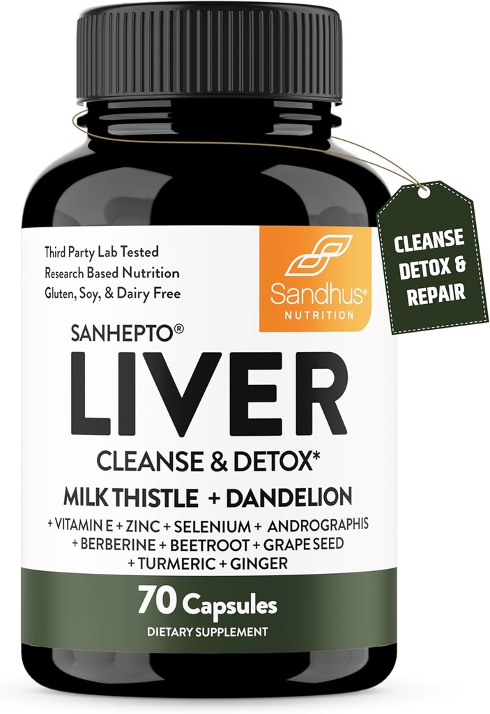 Sandhu's Liver Cleanse Detox & Repair Support | 70 Capsules (Pack of 1) | Herbal Supplement for Liver Health | Milk Thistle Dandelion Root Andrographis with 8 Minerals