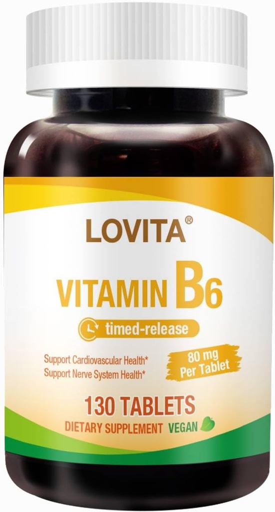 Lovita ビタミン B6 (ピリドキシン塩酸塩) 80mg, タイム リリース, 8 時間持続, サポート心血管 & 神経の健康, 130 ビーガンタブレット