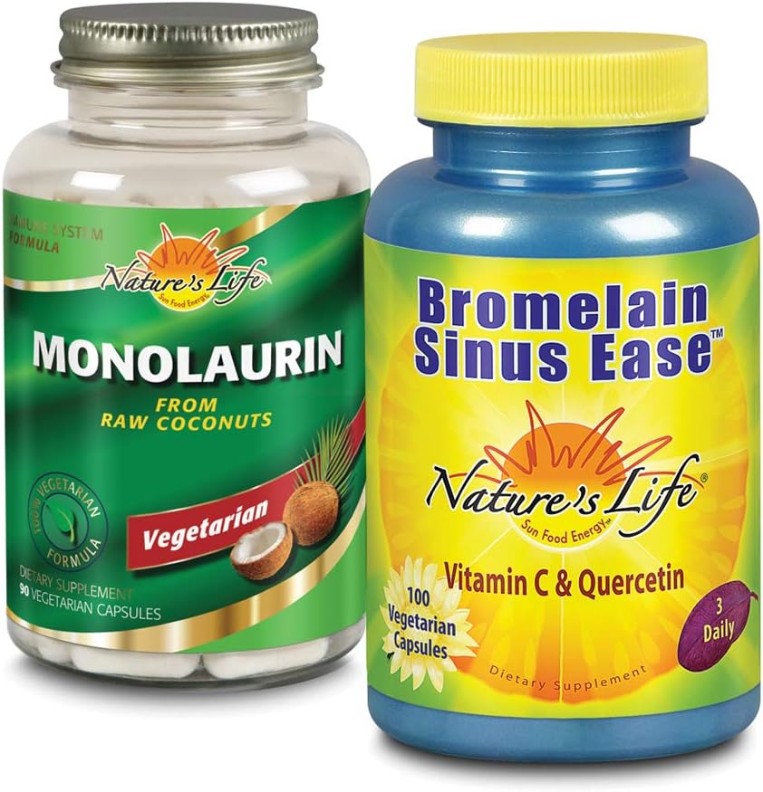 Nature's Life Monolaurin & Bromelain Sinus Ease Bundle | 健康な免疫機能と呼吸器サポート | 90ct, 100ct