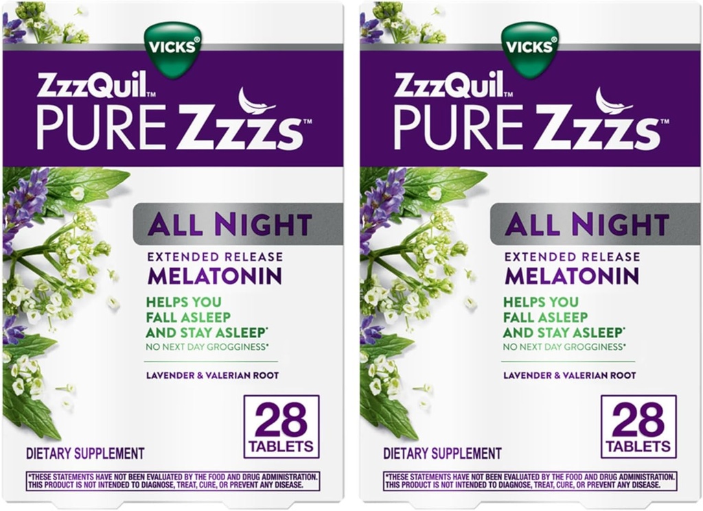 ZzzQuil PURE Zzzsオールナイトエクステンションリリース、Melatoninスリープエイドタブレット、あなたが眠る長持ち、大人のための睡眠援助、タブレットあたり2mg、56 Totalタブレット(2パック28)